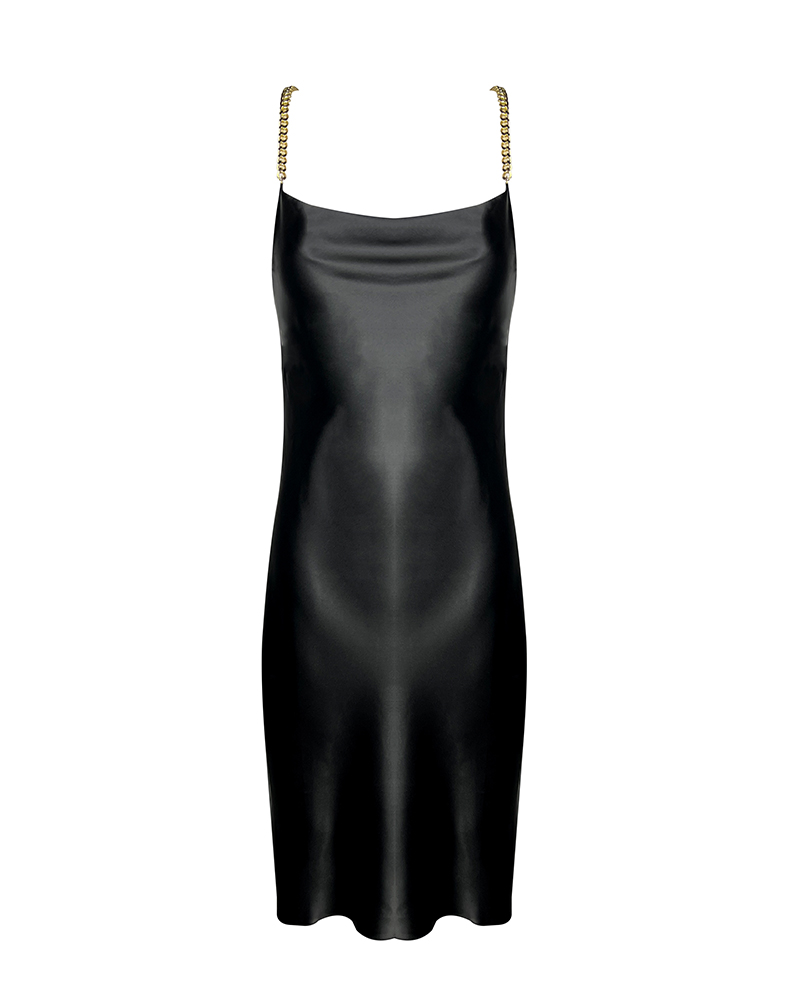 Obsidian Silk Satin Slip Dress with Chain Straps | E.L.F ZHOU London